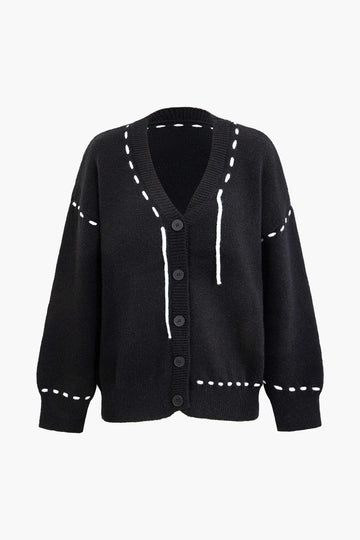 Contrast Stitching V-neck Button Knit Cardigan