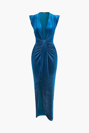 V-neck Velvet Ruched Cap Sleeve Slit Maxi Dress