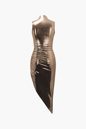 Metallic Asymmetric Hem Sleeveless Midi Dress